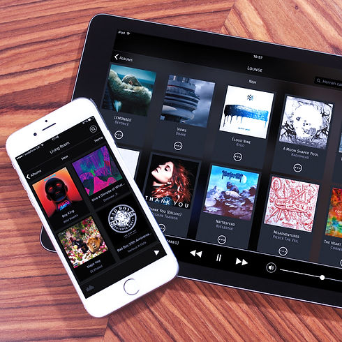 Music streaming control interface by Lode Audio, shown on iPad and iPhone
