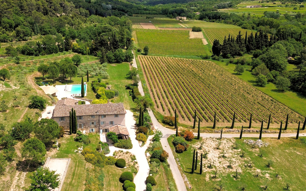 Aerial view of a vineyard, house, and pool with lush green surroundings.