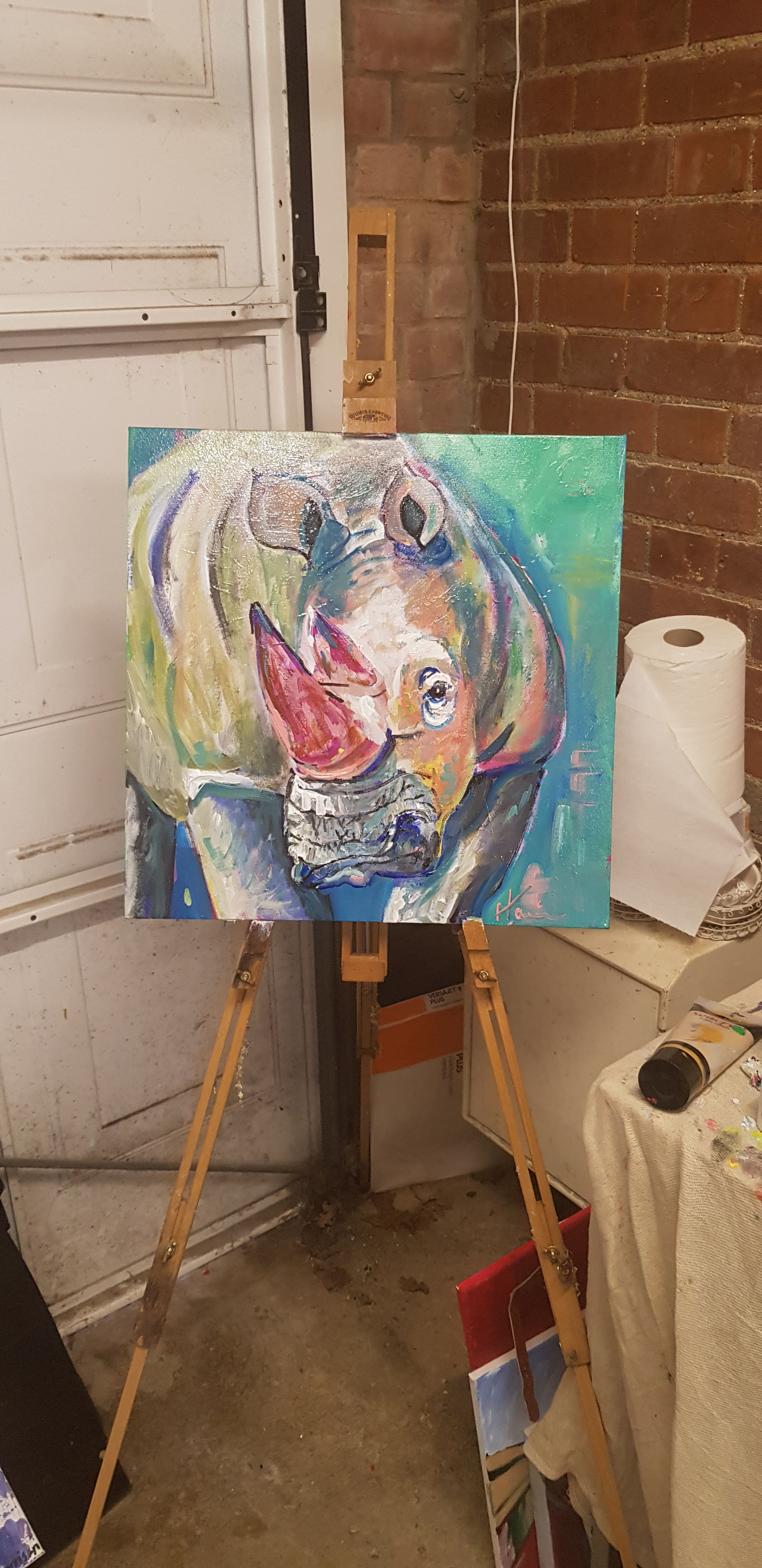 Large southern white Rhino in acrylic on canvas.