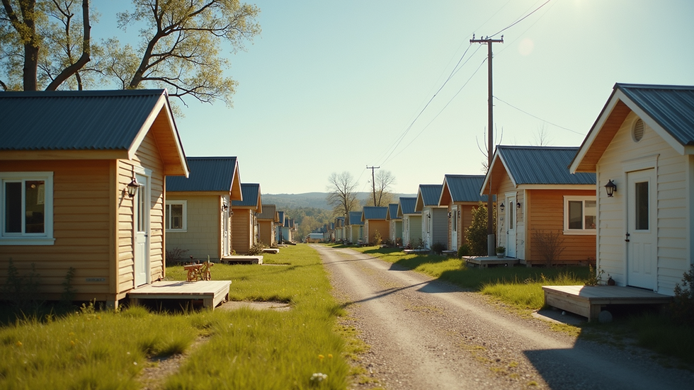 Wide angle view of a peaceful tiny home community