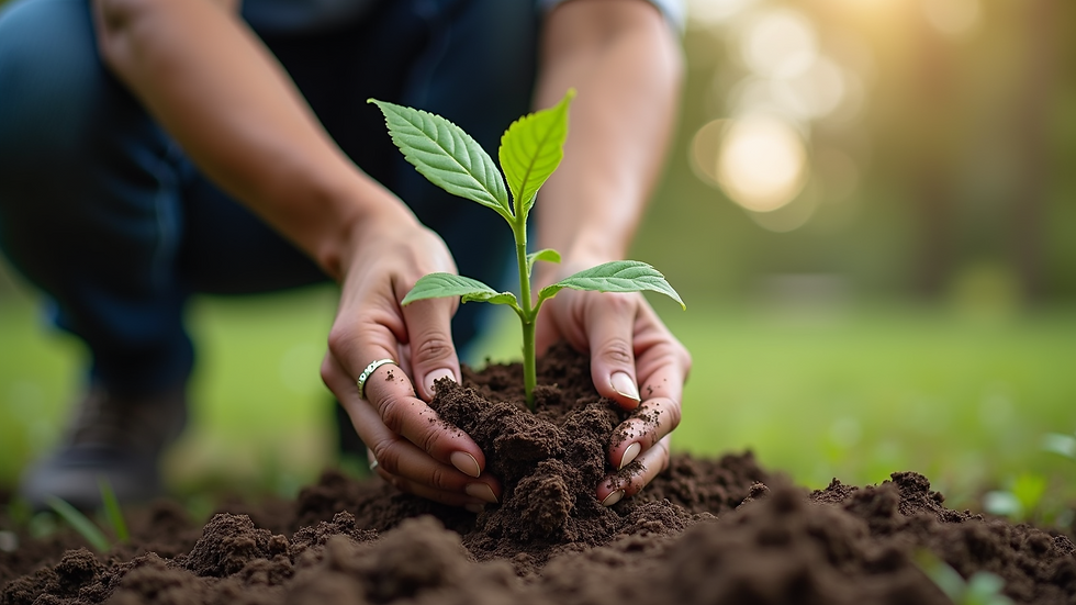 Close-up view of hands planting a tree sapling in community park