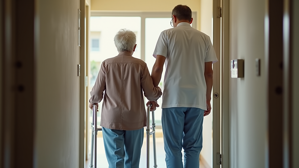 Eye-level view of a caregiver assisting an elderly person with walking