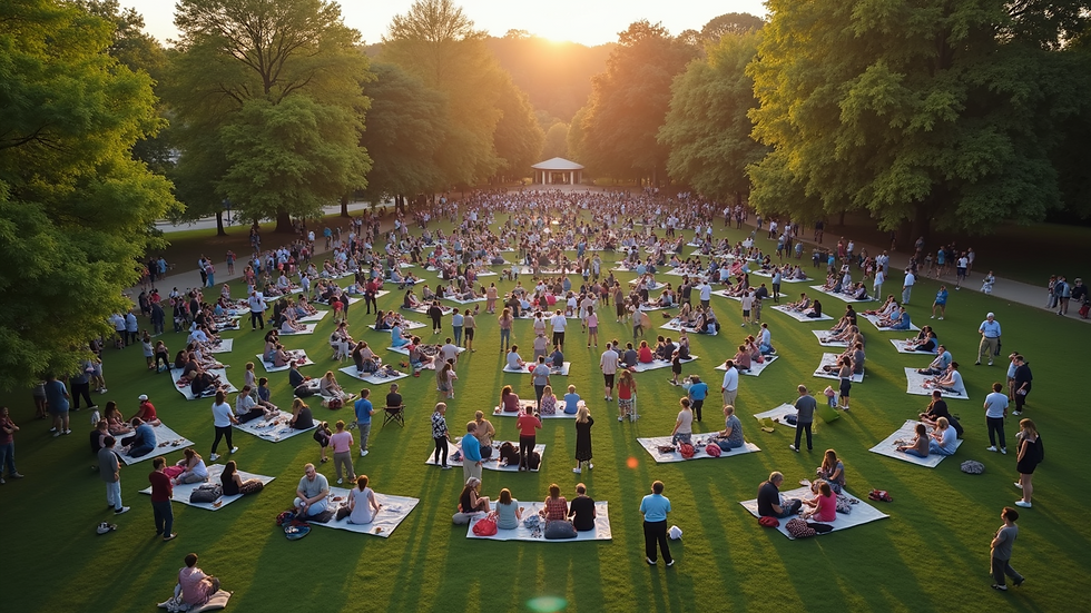 High angle view of community members gathered in a park for a local event
