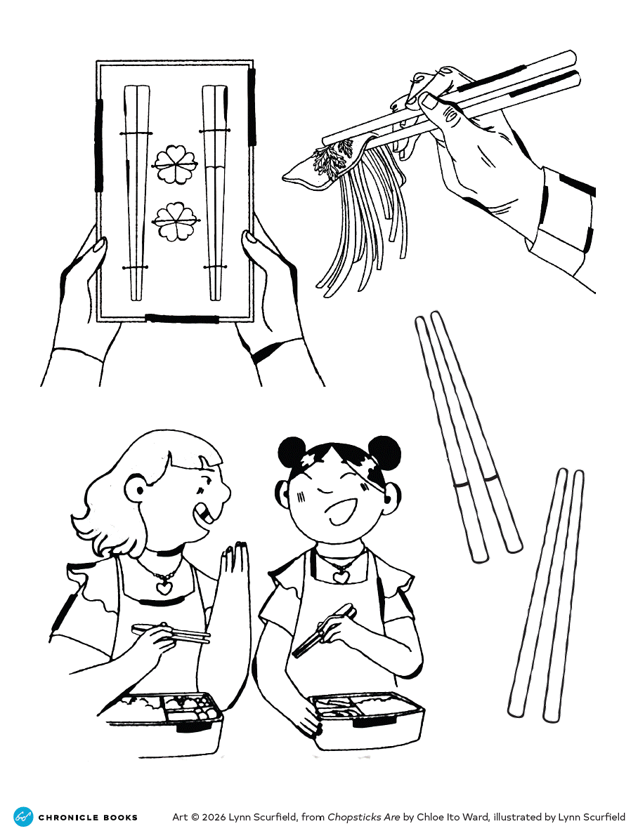A coloring worksheet for the picture book Chopsticks Are, featuring a matching pair of wedding chopsticks and two chopsticks and two flower chopsticks rests. A hand holding chopsticks to eat noodles, and two girls eating their lunches with chopsticks, and a two sets of plain chopsticks to color in. 
