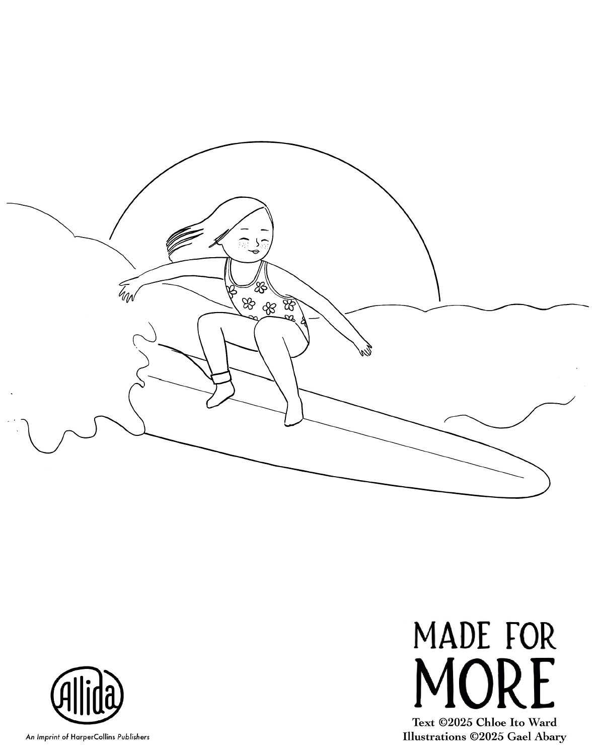 A coloring working for the picture book Made for More featuring a young girl in a flower bathing suit surfing. 