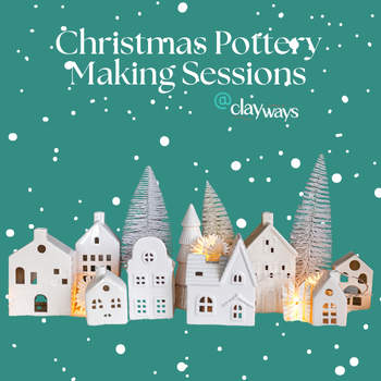 Christmas Pottery Making Sessions on teal background with ceramic white village