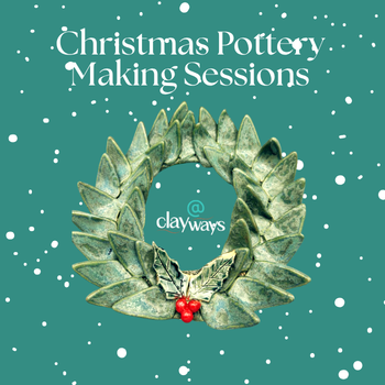 Christmas Pottery Making Sessions on teal background with ceramic wreath decorations in the shape of a tree.