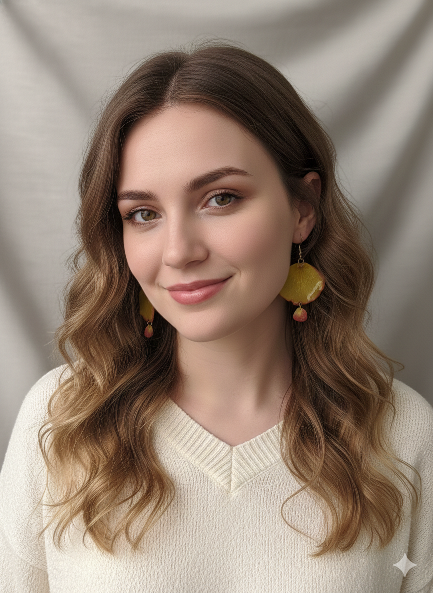 Model wearing Double Bloom earrings, handcrafted botanical jewelry