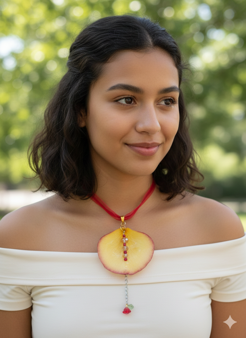 Model wearing Sunset Serenity, a handcrafted botanical necklace with a preserved rose petal and red cord, made in Miami.