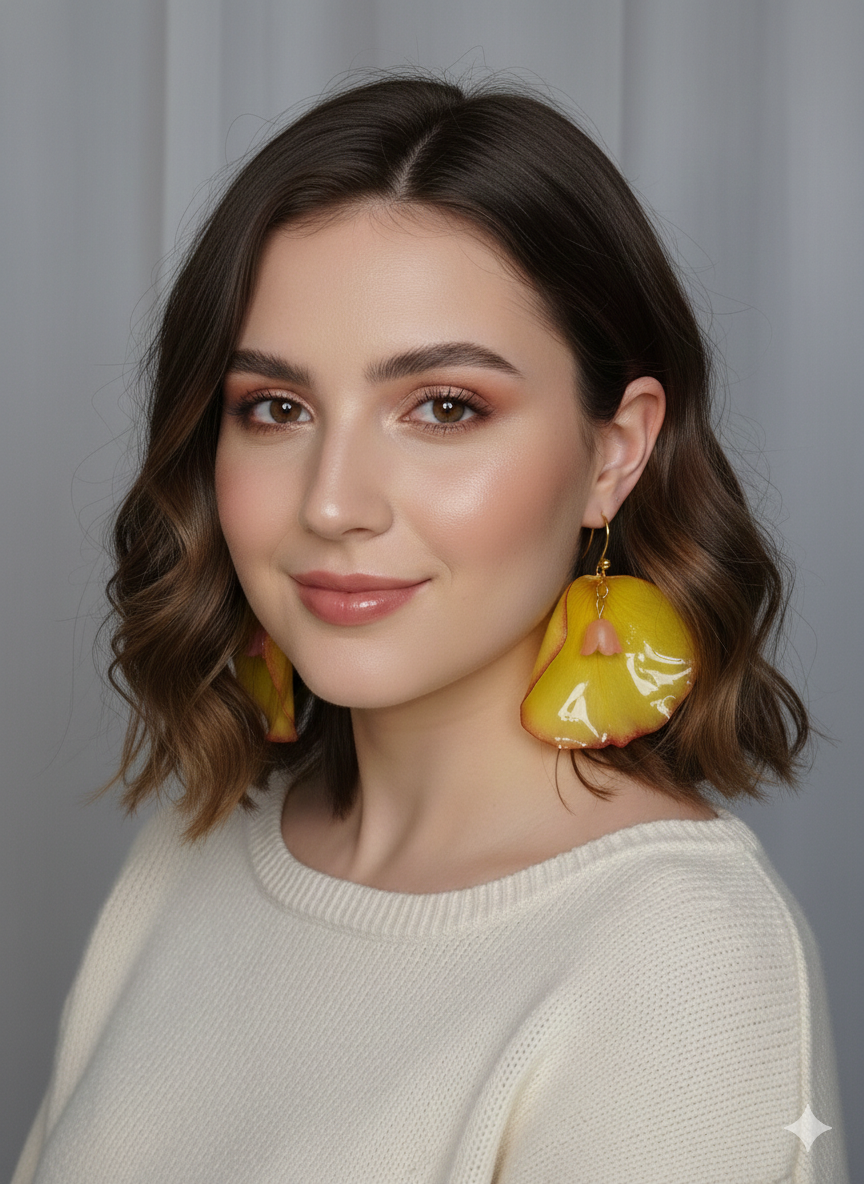 Model wearing Sun-Kissed Petal Drop earrings, handcrafted yellow rose petal jewelry with a pink flower charm, made in Miami.
