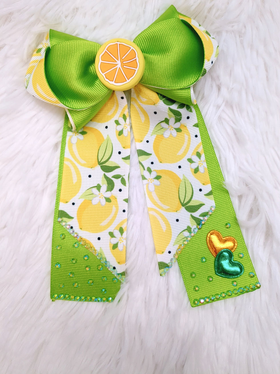 Lemon Ribbon Hair Bow with citrus print and heart charms.
