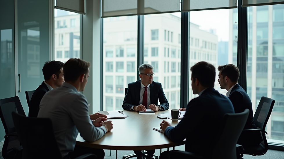 High angle view of a meeting room with business professionals discussing strategy