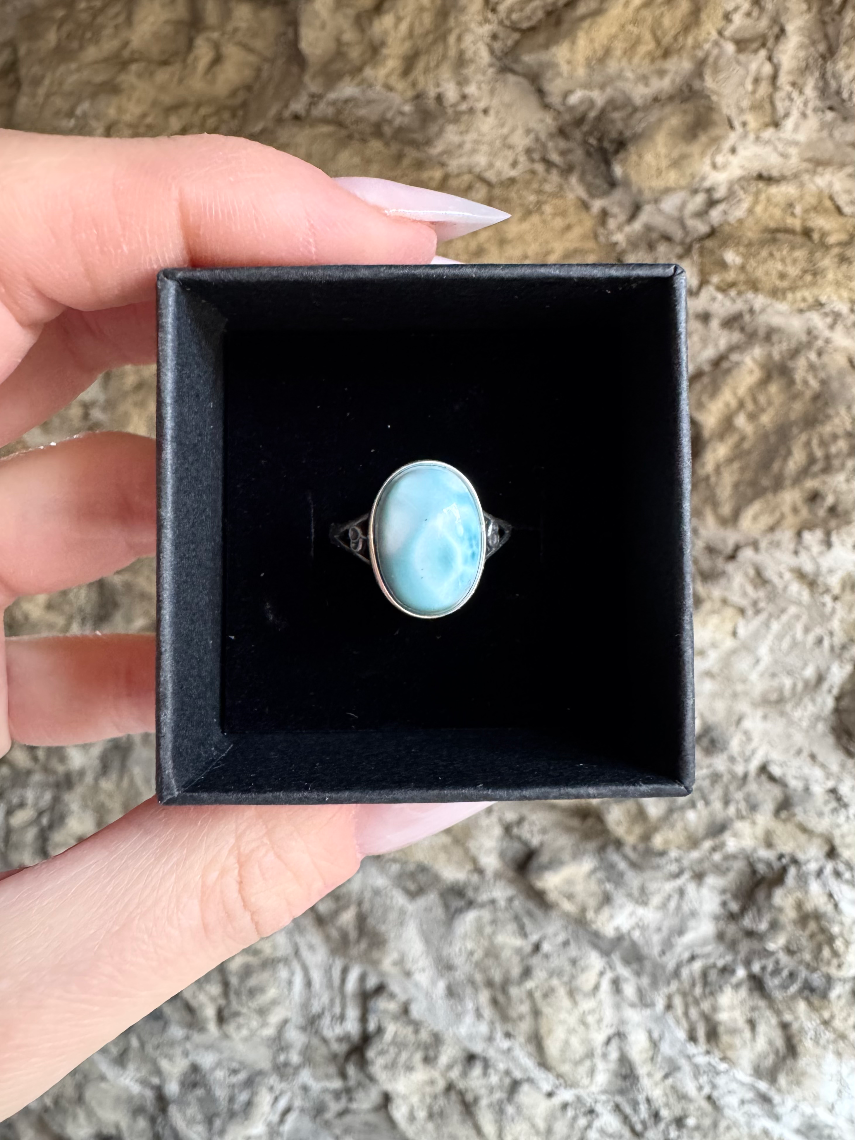Anello regolabile in argento e Larimar