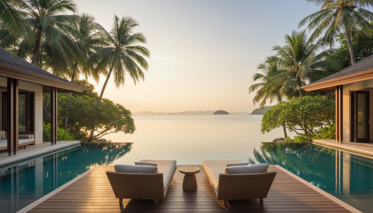Wide-angle view of a secluded pool villa beside a calm tropical bay