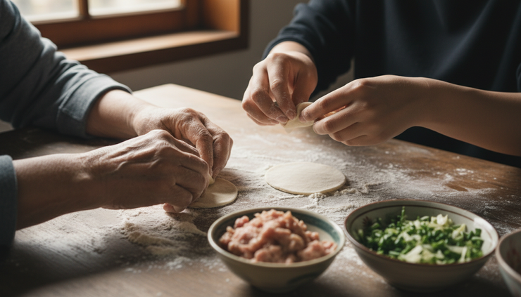 Close-up of hands shaping dumplings on a wooden table.