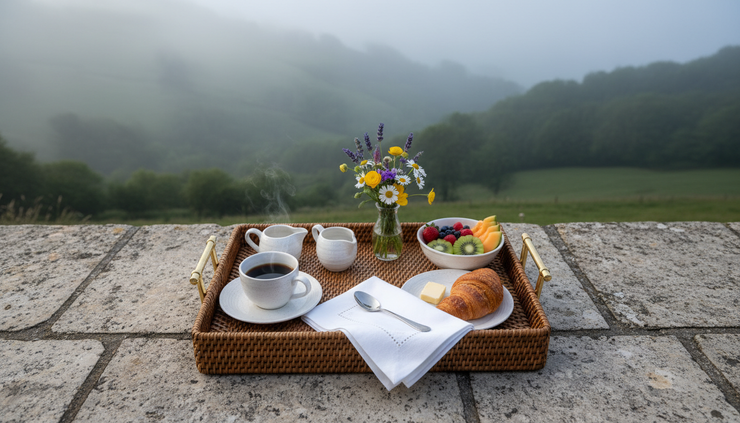 Overhead view of a breakfast tray on a private terrace facing green hills