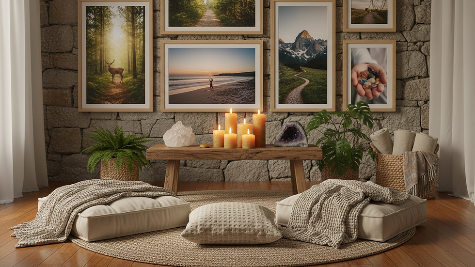 Eye-level view of a cozy meditation corner with candles and cushions