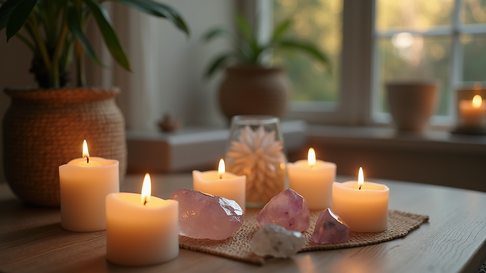 Eye-level view of a peaceful meditation corner with candles and crystals