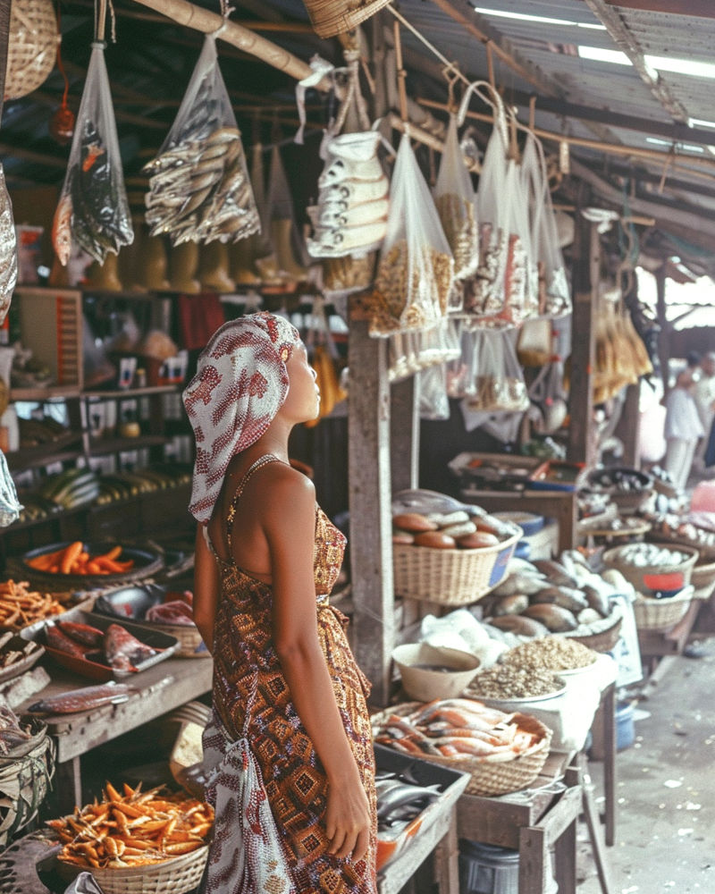 a woman at an outdoor market on a mindful travel ritual