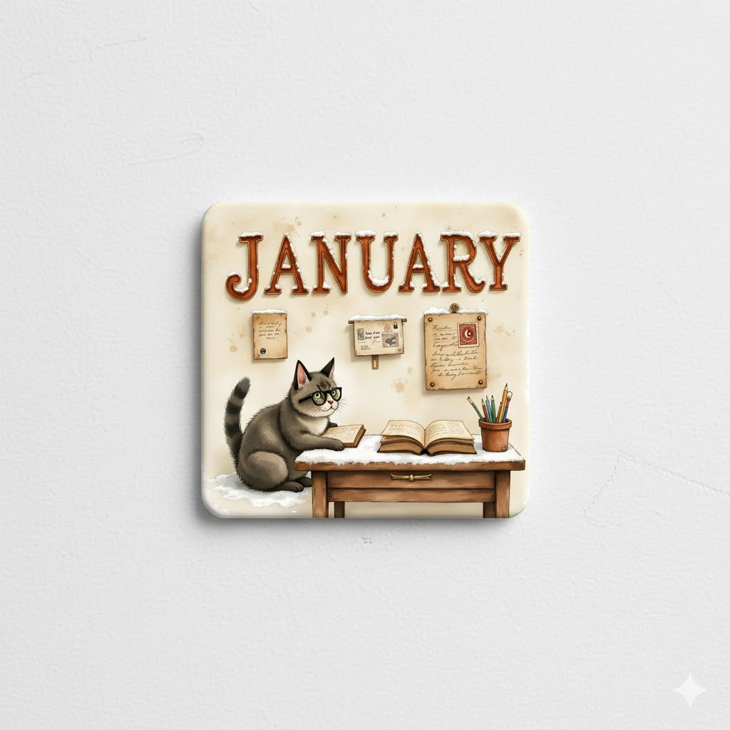 2.5" x 2.5" "January" Cat Academic Magnet