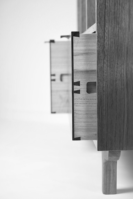 Close up shot of the handcut dovetails on the Rocky sideboard.