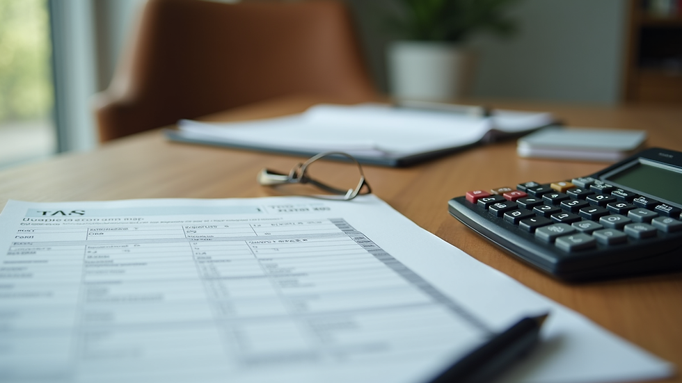 Close-up view of a calculator and tax documents on a wooden table