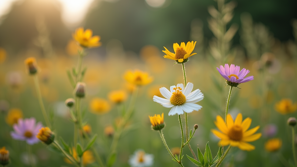 Close-up view of native wildflowers blooming in a naturalistic garden