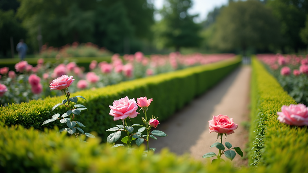 Eye-level view of a formal garden bed with clipped box hedges and blooming roses