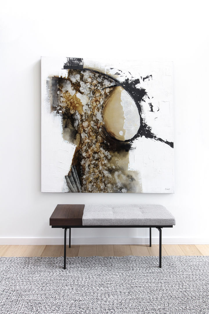 Masculine Entry White Walls Abstract Art 
Walnut Gray Bench Black Steel Powder Coat Base
sunpan nuevo 
moe's furniture
