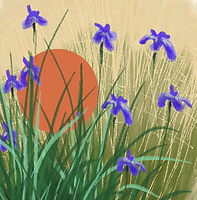 Bullfinch nestled in Irises