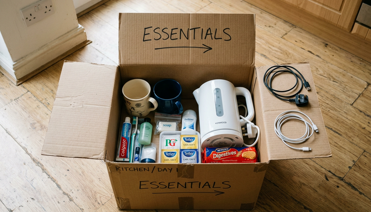 Overhead view of an essentials box with a kettle, mugs, chargers and toiletries.