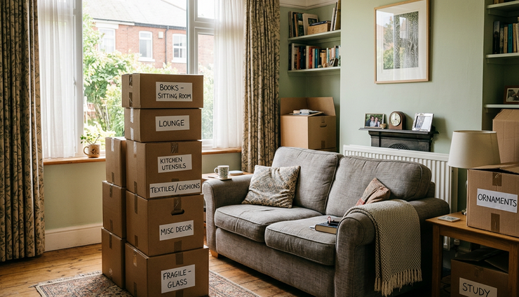 Wide-angle view of a calm living room with labelled moving boxes near a sofa.