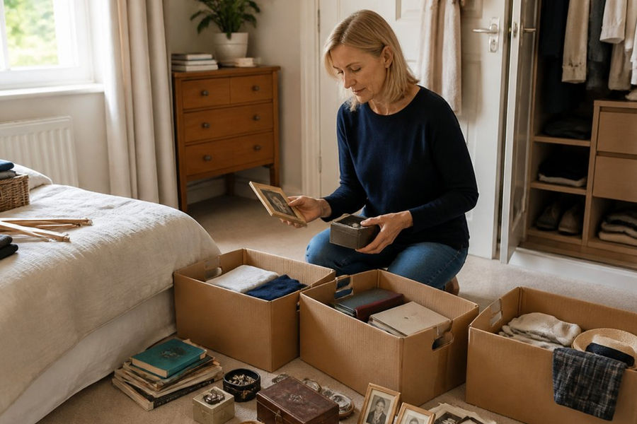Homeowner sorting bedroom items into keep, sell and donate boxes as part of downsizing tips for large homes.