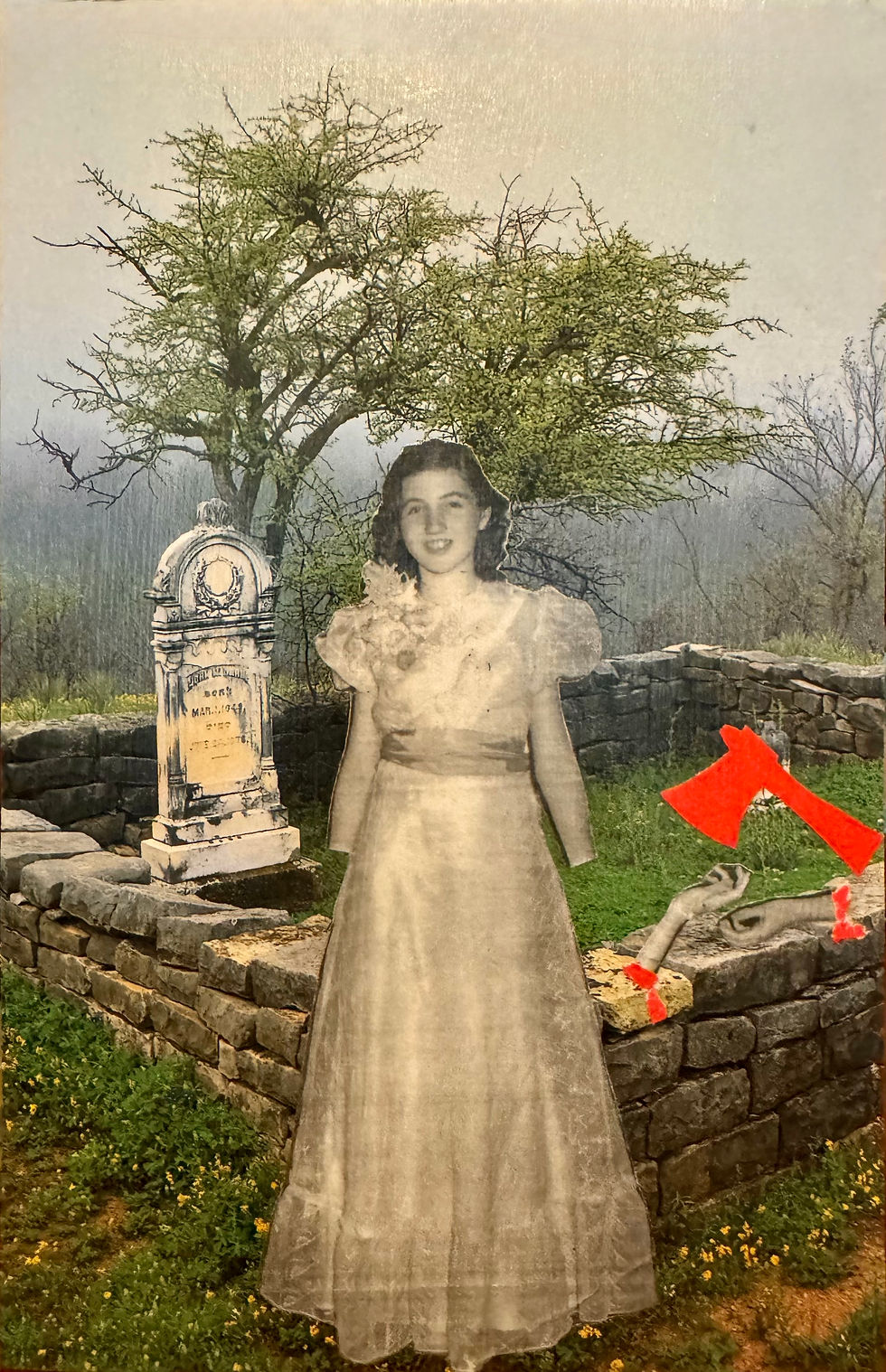 A collage of a young teenage girl standing in front of a graveyard wearing a long, formal dress with a corsage. Her hands are cut off from her body and lie on the stone wall nearby with a red ax poised over them.