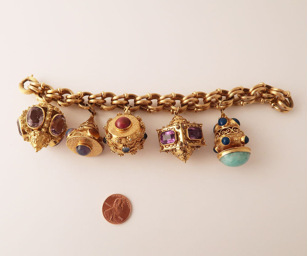 Thumbnail: Vintage 1950's Large 18K Gold Gemstone Charm Bracelet