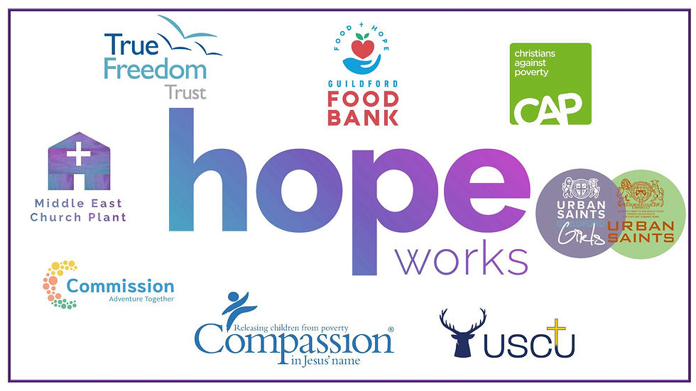 Hope Works Graphic with 8 local and global organisations that we support.