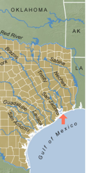 Map of some of the major rivers of Texas at the Gulf of Mexico from Wikipedia