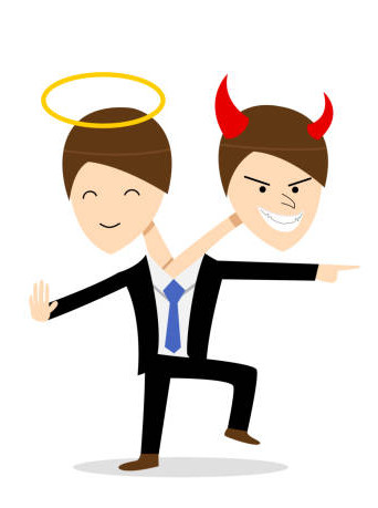 Two headed man one with a halo and one with horns symbolizing evil twin.