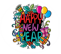 Happy New Year in colorful letters surrounded by balloons and noisemakers with some holly
