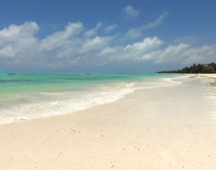 Soft white sand and turquoise water of the Indian Ocean in Diani, Kenya