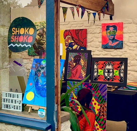 Shoko Shoko Art Studio in Bradford on Avon Artist studio with colourful paintings and Kabisa's products