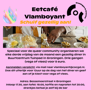 Vrijdag 17 april - Eetcafé Vlamboyant iedere 3e vrijdag van de maand in Buurtcentrum Tuinpad