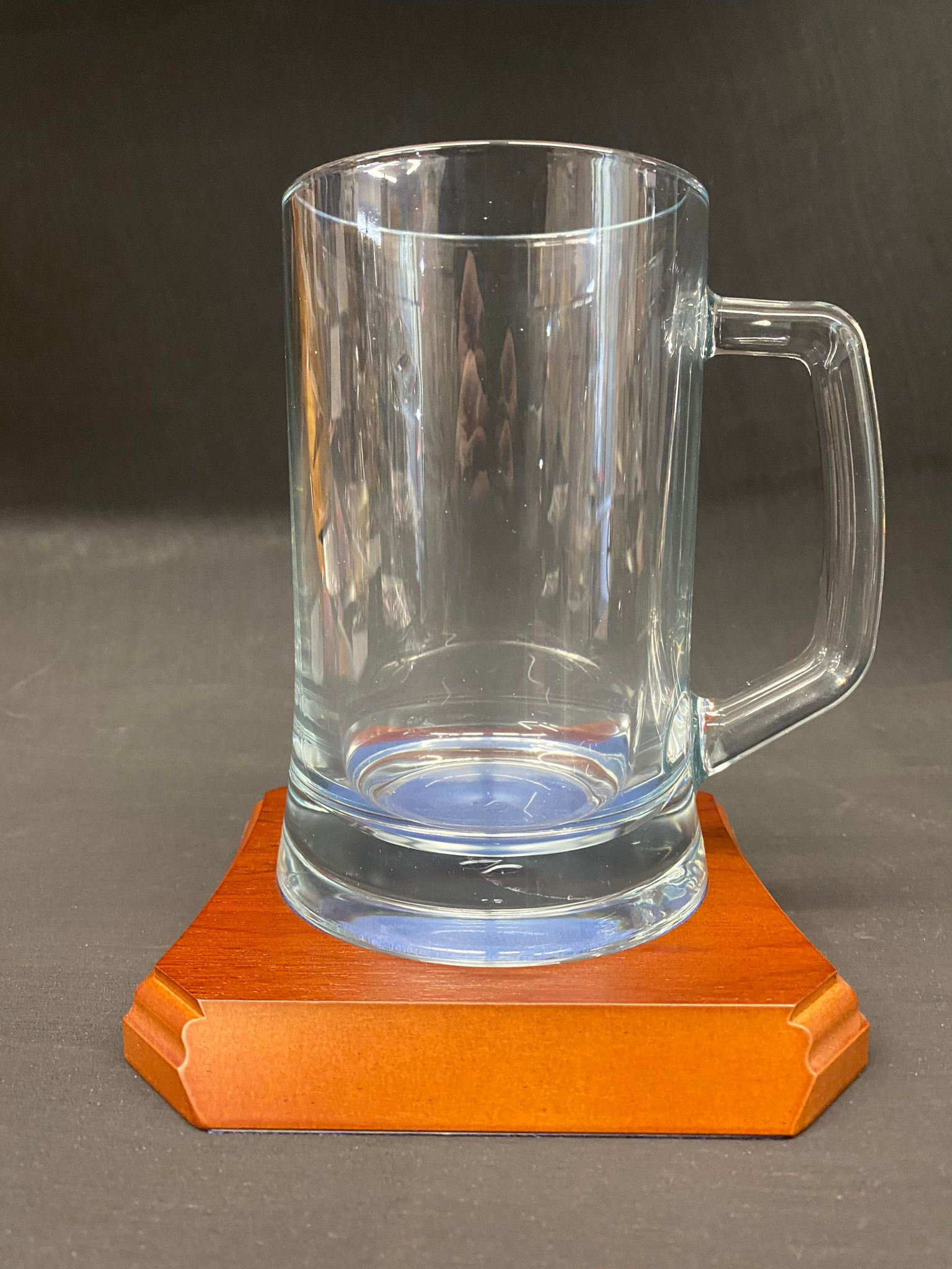Straight Sided Glass Tankard on Wooden Display Base