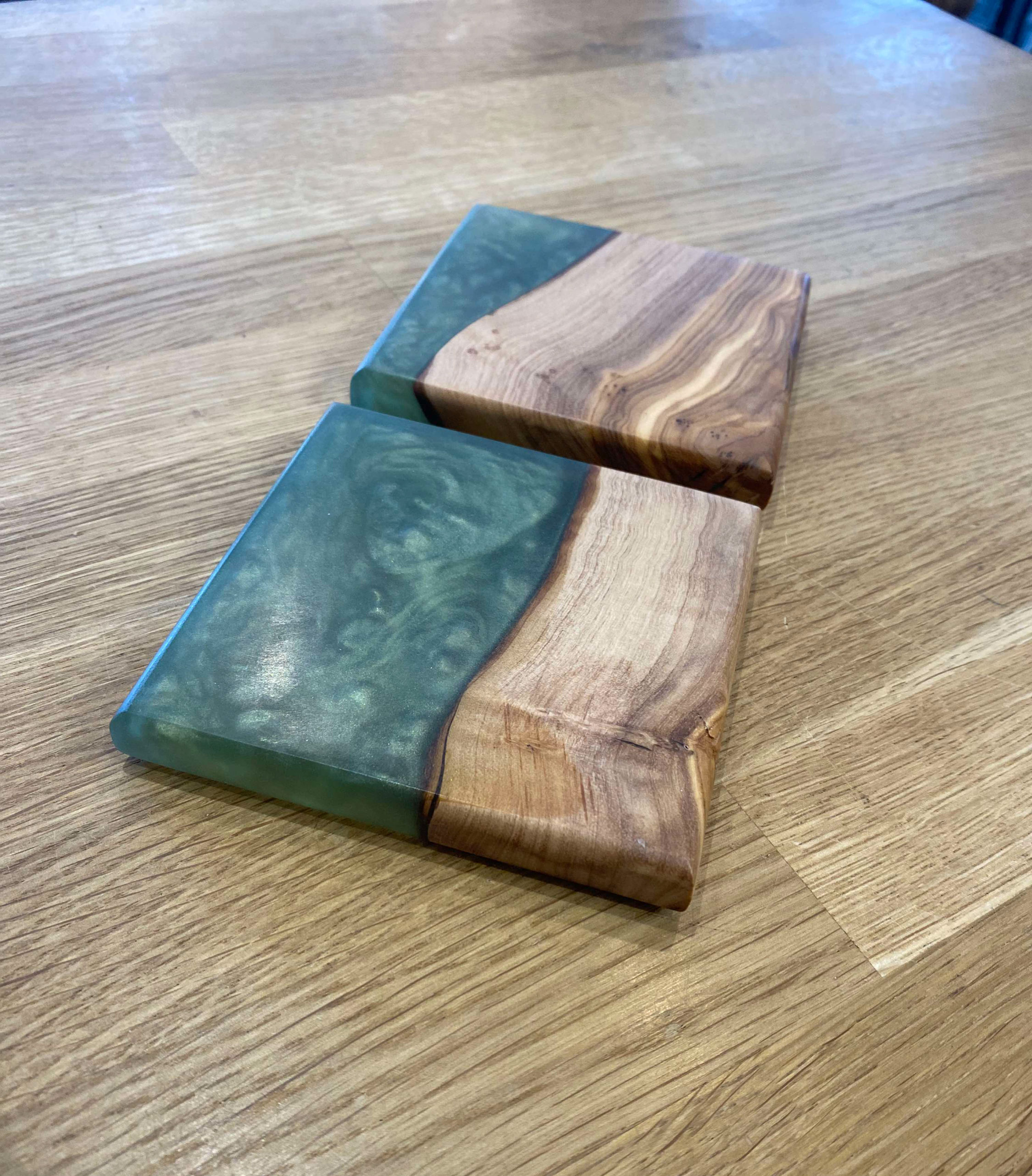 Set of Two Olive Wood and Olive Green Coloured Resin Coasters