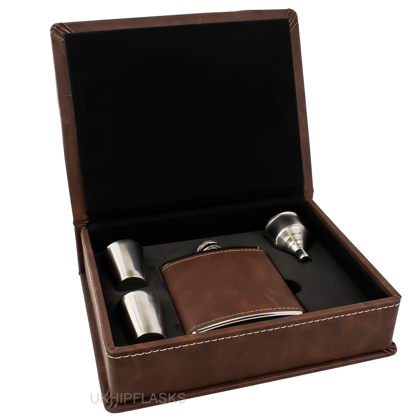 Brown PU Covered 6oz Hip Flask With Cups & Funnel