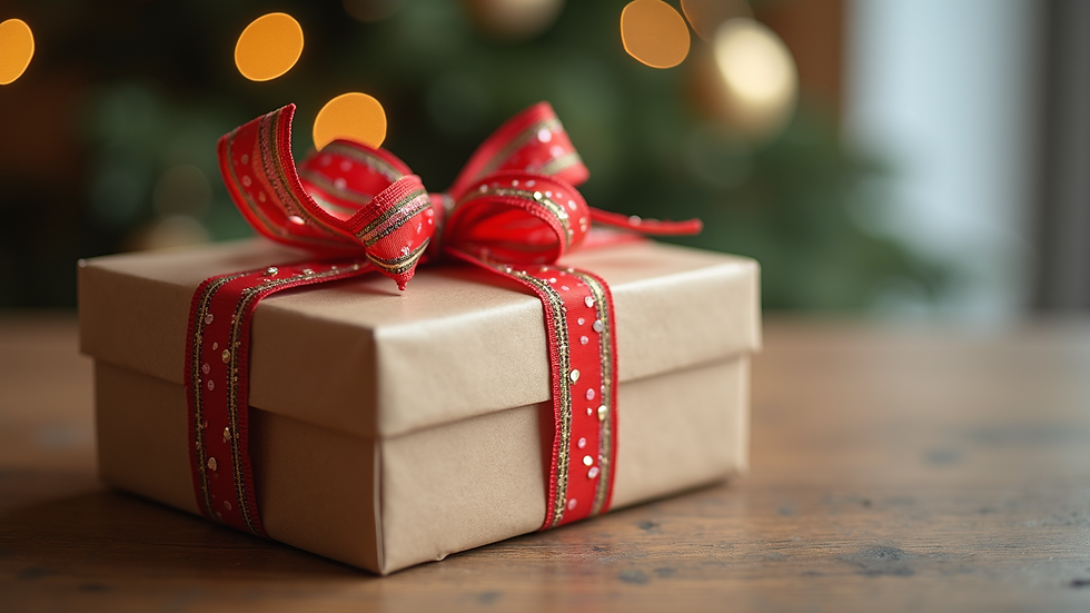 Eye-level view of a beautifully wrapped gift box with a colorful ribbon