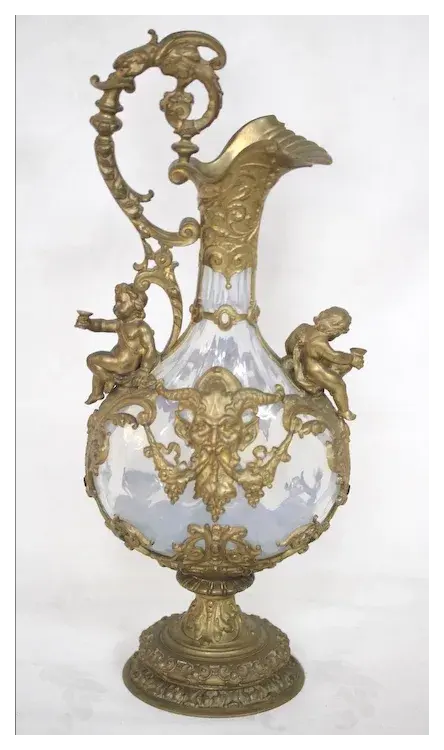 Thumbnail: Antique Victorian Ormolu-Set Wine Carafe. Baroque/Rococo. Bacchus w/Putti.