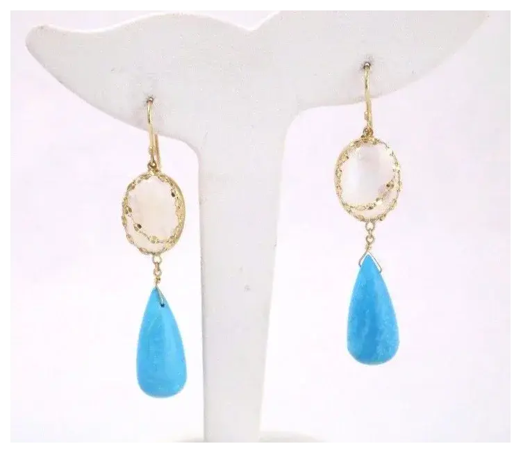 Thumbnail: Fine Vintage 14k Opal w/ Tear Drop Turquoise Dangle Earrings