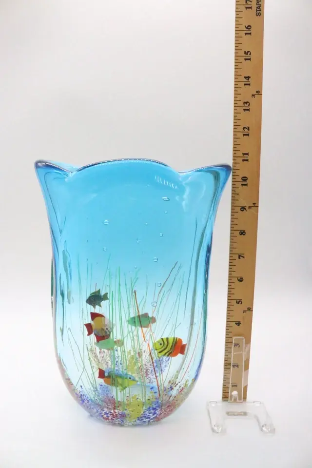 Thumbnail: Ferro & Lazzarini Murano Blue Italian Art Glass Aquarium Vase 11"