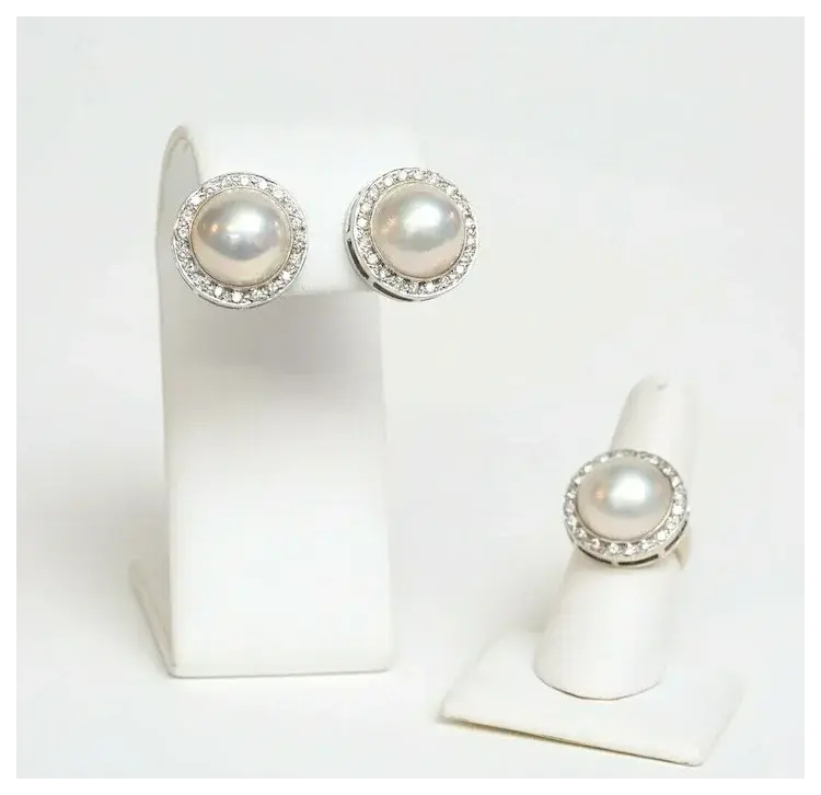 Thumbnail: 14K Gold White Button Pearl & Diamond Earring and Ring Set, 3ct total GH, VS2